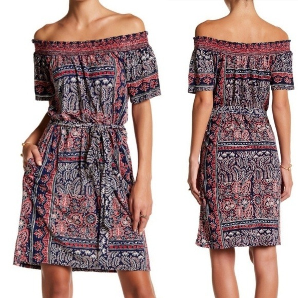 Lucky Brand Off Shoulder Paisley Print Belted Dress Navy Red Floral Bandana L